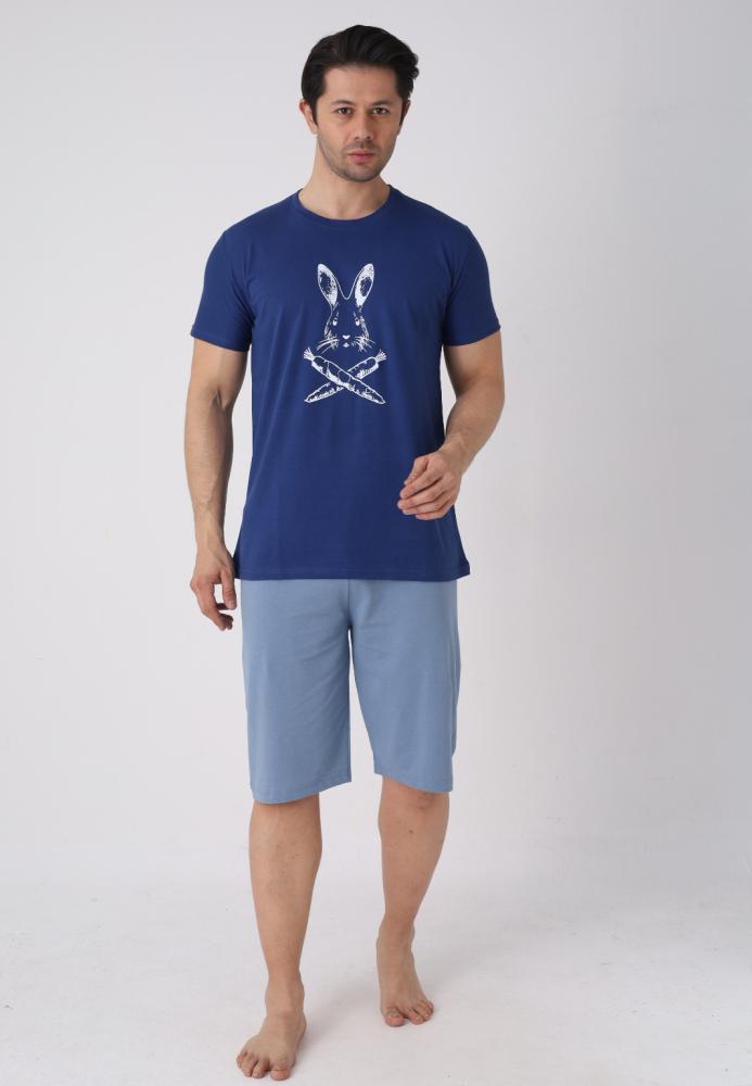 Pijama barbat cu maneca scurta si pantaloni 3/4, culoare bleumarin, Engros